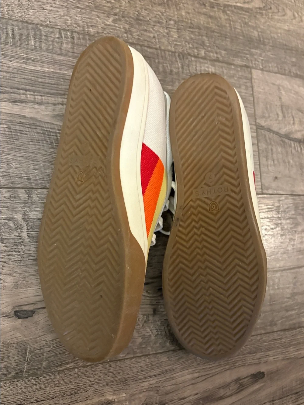 Rothy's Cream Canvas Sneakers with Yellow and Orange Stripe Sz 7